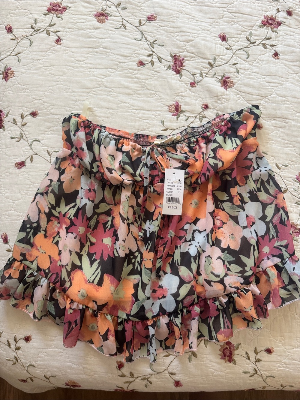 Floral Ruffle Strapless Top - Black Multi